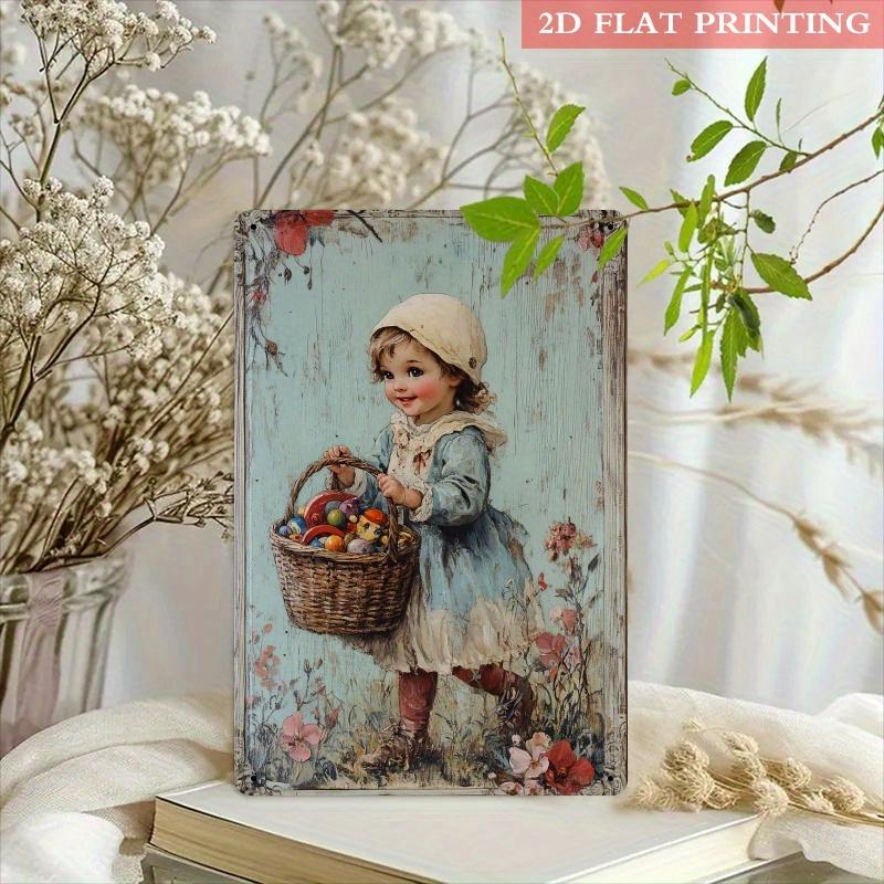 2D Flat, 1pc Vintage Metal Wall Sign - Little Girl with Toys Rustic Farmhouse Decor, 8x12 Inch Iron Country Charm Art