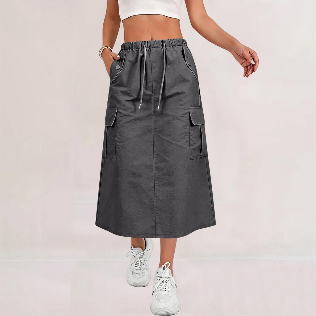 Women's Casual Long Cargo Skirt with Drawstring Waist and Pockets Lightweight Comfortable Workwear Style Skirt for Everyday Use