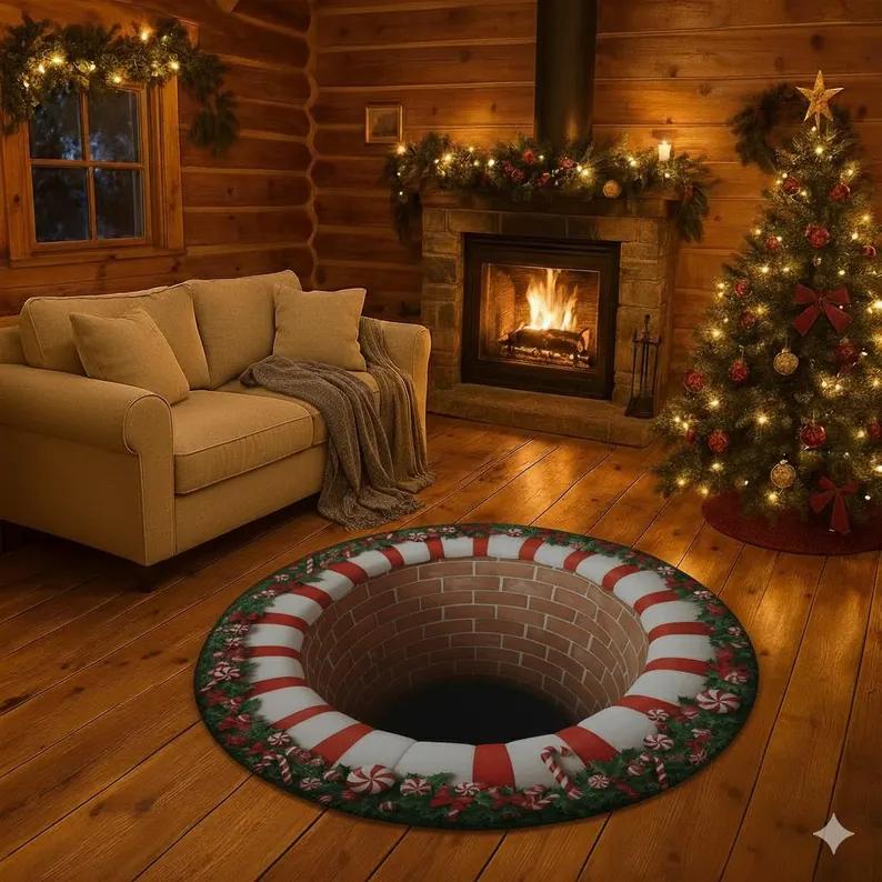 Christmas 3D Round Rug Gift Tunnel Optical Illusion Carpet Festive Holiday Floor Mat Unique Christmas Home Decoration