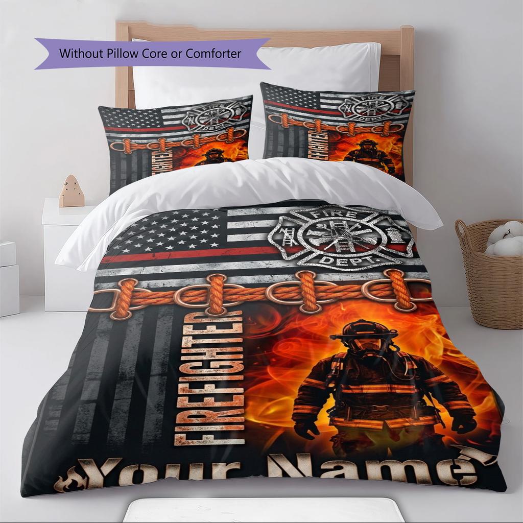 Name Custom Firefighter Pattern Bedding Set Quilt Cover Pillowcase Home Decor Gift (1 * duvet cover + 2 * pillowcase, without core)