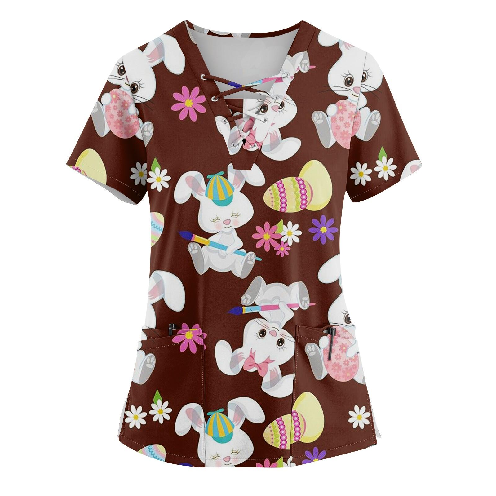 Women s Short Sleeve V-Neck Drawstring Easter Bunny Egg Print Pocket  Top L