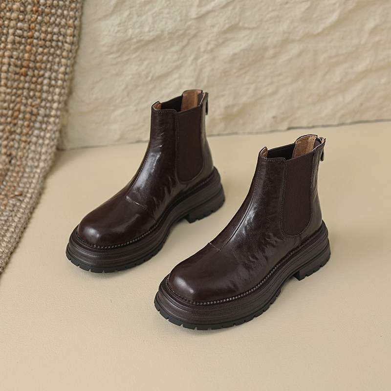 Krazing Pot Sheep Skin Round Toe Winter Med Heels Chelsea Boots Women Zipper Retro Fashion Platform Ankle Boots