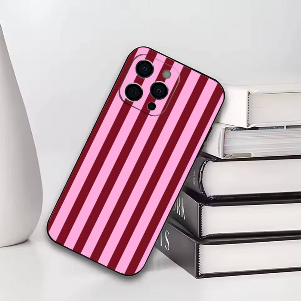Burgunder-Rosen-Streifen Handyhülle für iPhone 17, 16, 15, 14, 13, 12, 11 Plus, Pro Weiches Silikon Schwarze Hülle