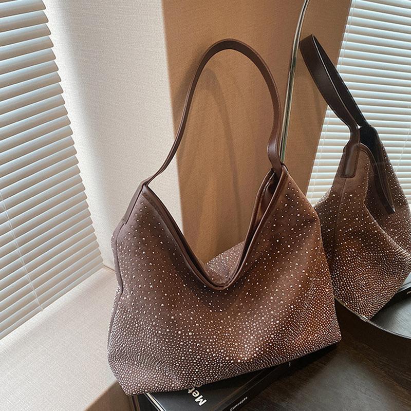 

Yogodlns Новая Мода Ретро Дизайн Сумка-тоут Блестящие Стразы Сумка на Плечо Женская Элегантная Повседневная Вместительная Сумка Под Мышку 35x14x30cm кофейный