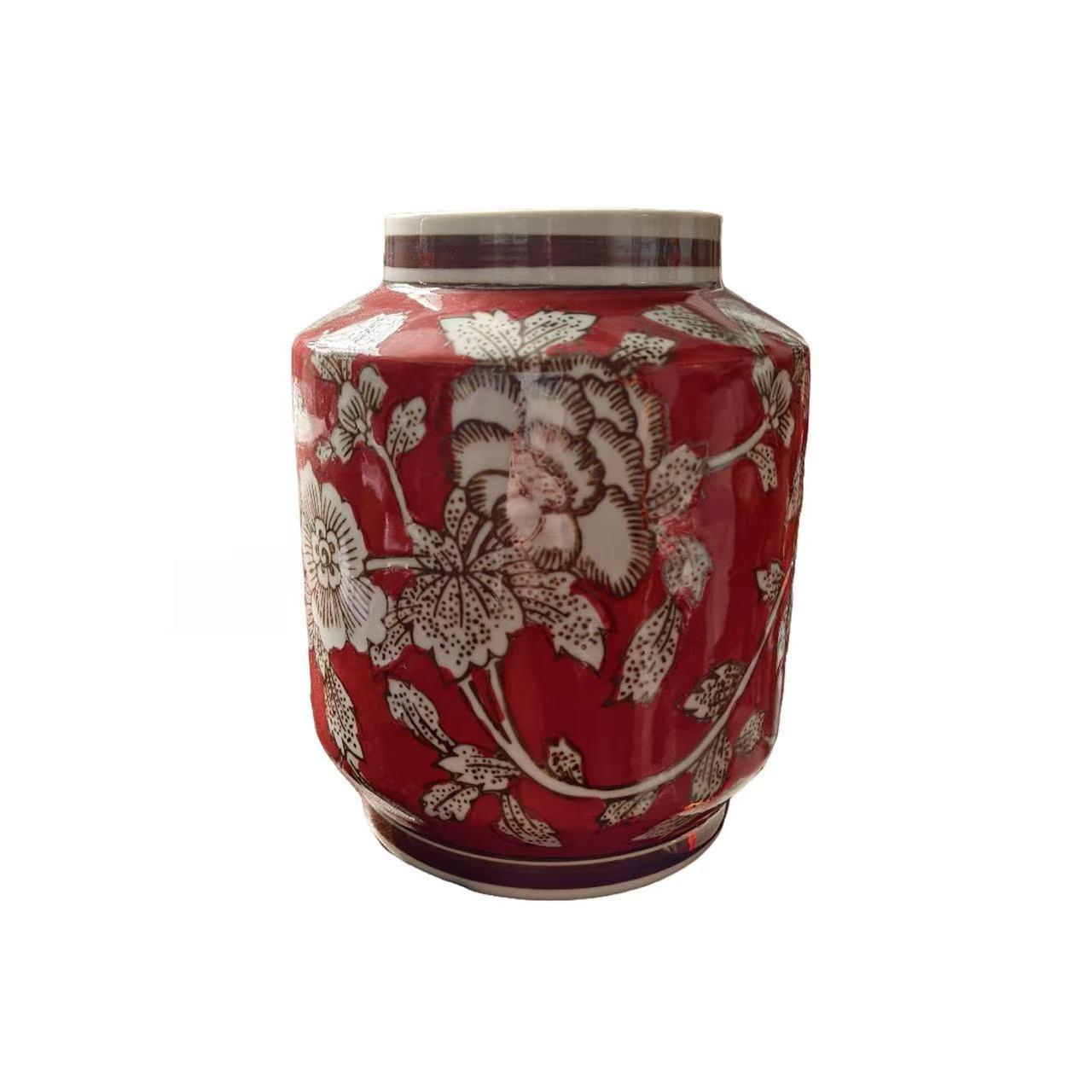 Luxury Hand-Painted Red Ceramic Vase – New Year Ornament and Blue & White Porcelain Flower Arrangement Decor