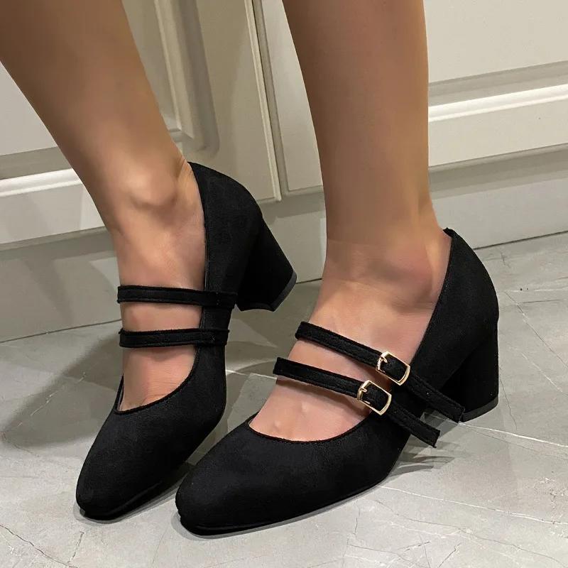 2025 New Shoes Female Buckle Strap Women's High Heels Round Toe Office and Career Hot Sale Plus Size Solid High Heels