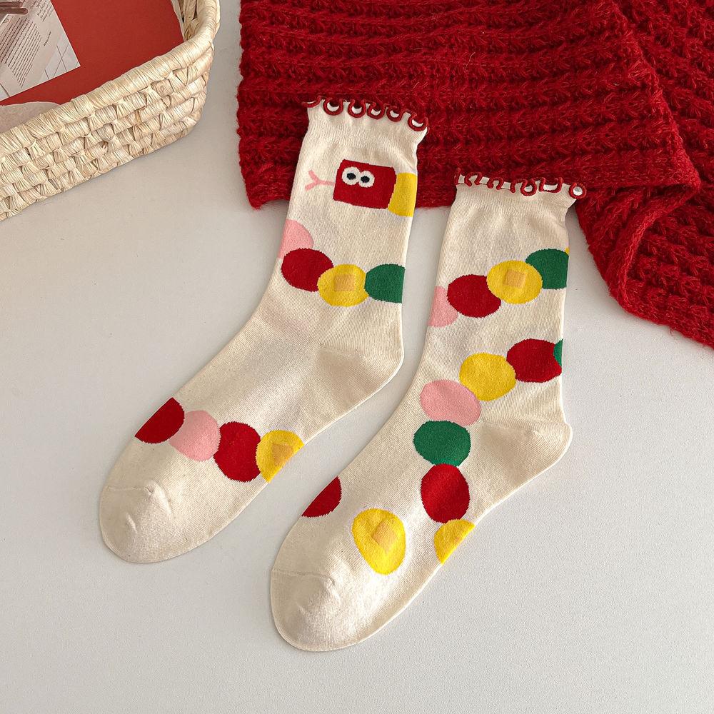 Women's Middle School Socks Red Socks New Year's Birthday Socks Cute Pocket Cartoon Christmas Women's Socks