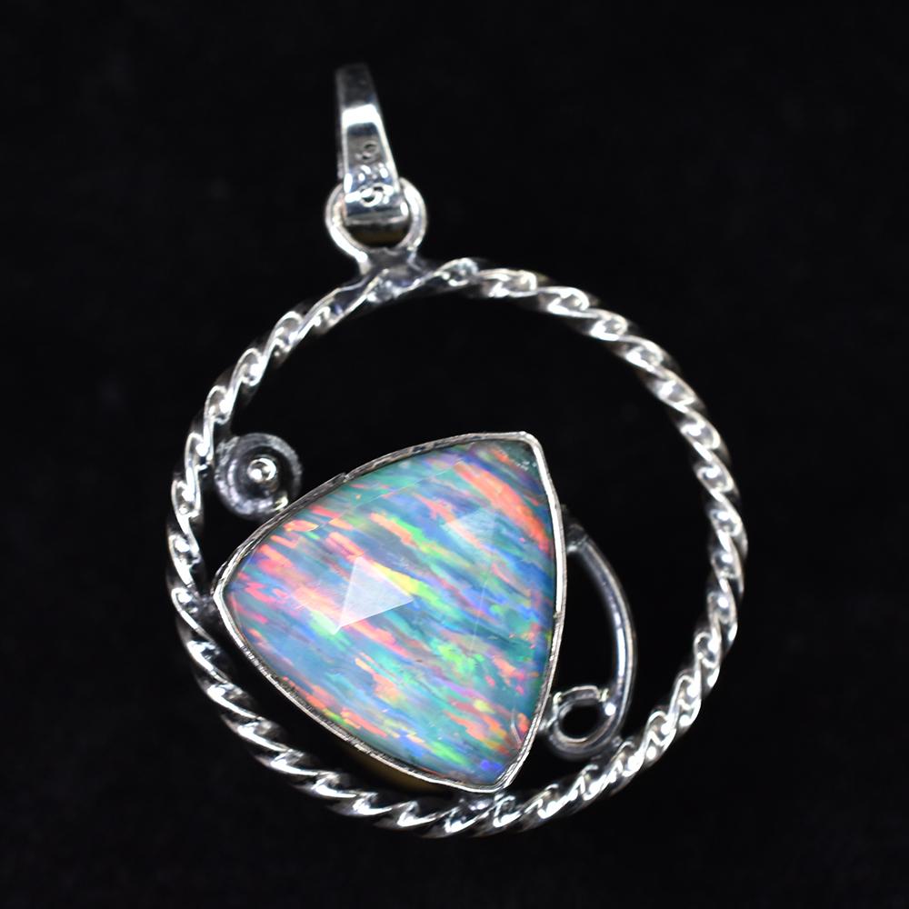 925 Sterling Silver CERTIFIED Natural Opal Trillion 30 Ct Gemstone Pendant