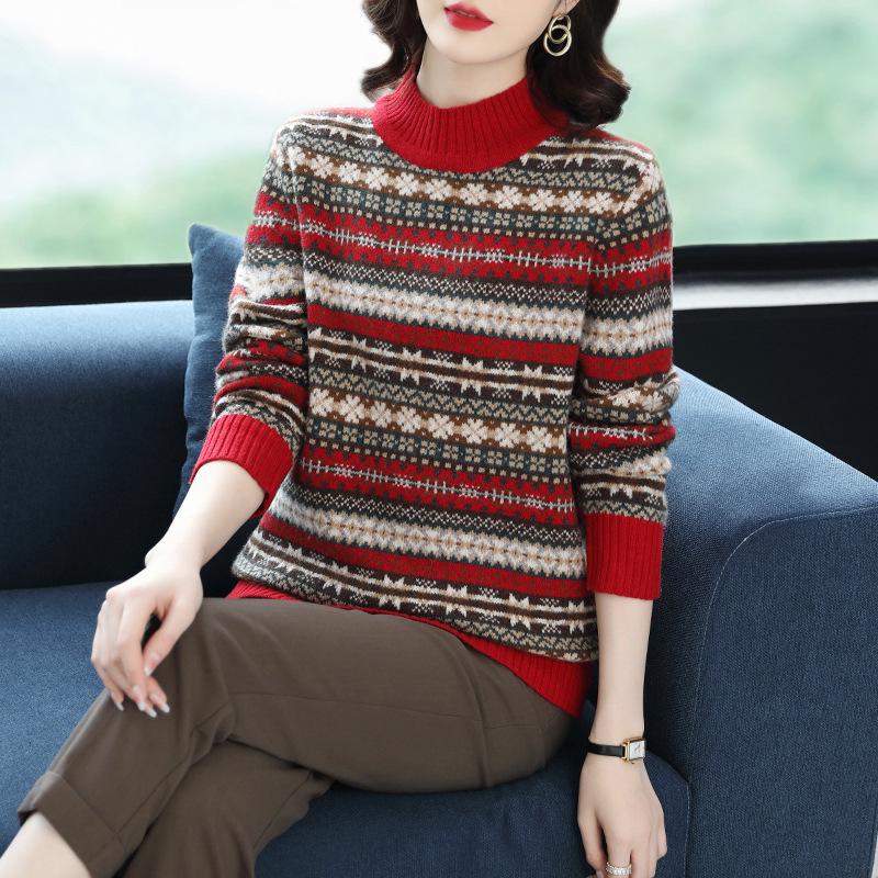 Women's Jacquard Pure Wool Sweater - Thickened Half-High Collar, Long Sleeve, Loose Knit - Autumn/Winter Fashion
