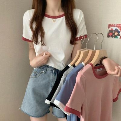 T-shirt Feminina de Verão com Gola Redonda e Manga Curta, Bloqueio de Cores, Base Slim Fit, Top Curto Estudante, Camisa Tendência