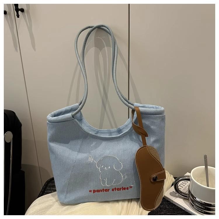 

JIAERDI Korean Cartoon Puppy Tote Bag Women Large Capacity Denim Canvas Shoulder Bag Ladies Sweet Cute Blue Handbag Underarm Bag 35x19x13cm синій