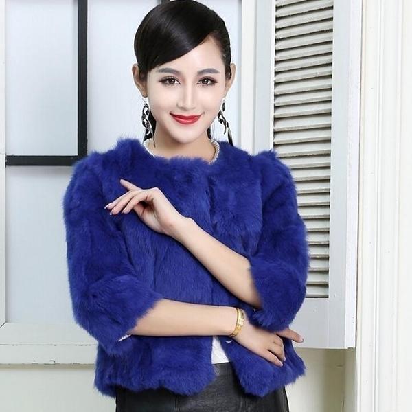 Lady Real Genuine Rabbit Fur 3/4 Sleeve Outwear Winter Warm Jacket Furry Coat