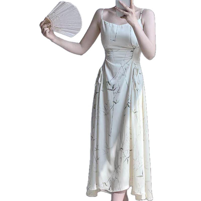 Chinese Ink Bamboo Print Spaghetti Strap Fairy Mori Girl Slimming Summer Dress
