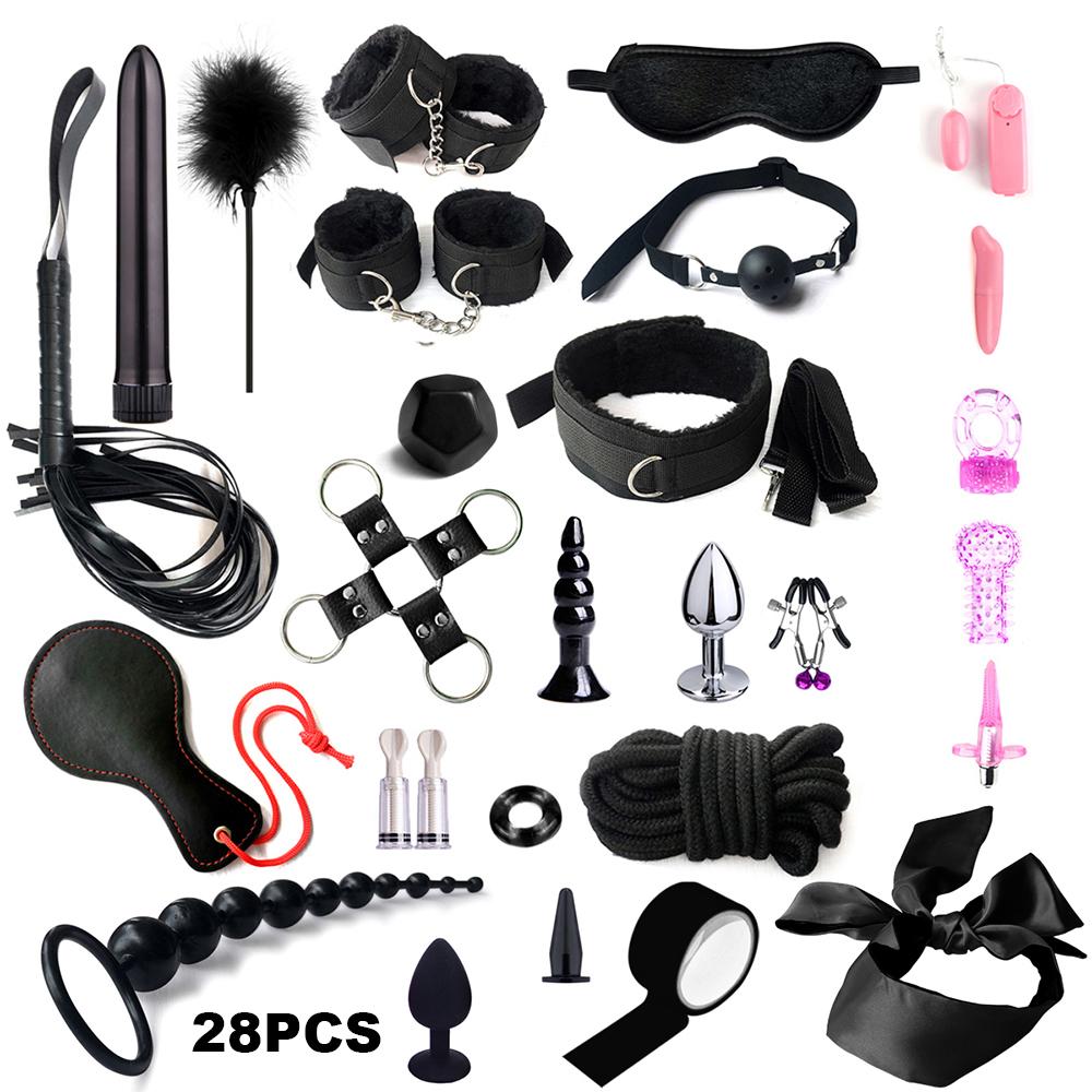 Fetish BDSM Kit Set Sex Toy Handcuffs for Woman Adult Supplies Handcuffs Whip Anal Plug Vibrator Bondage Rope Sexual Sexy Game