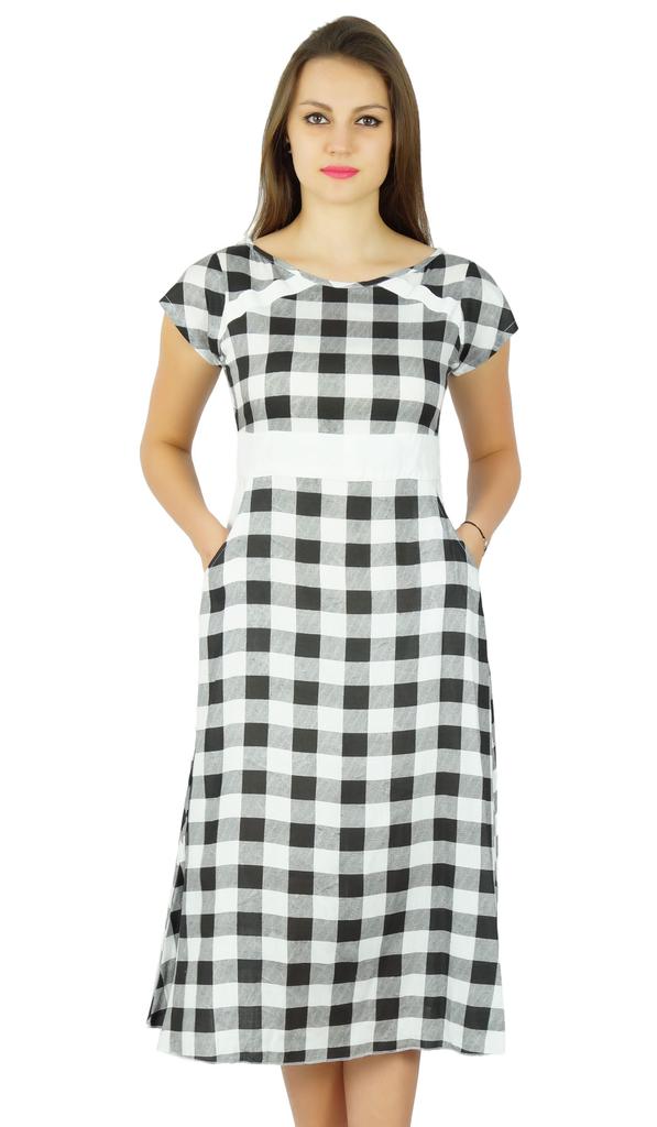 Bimba Womens Check Pattern Cotton Dress With Pockets Knee Length Casual Wear