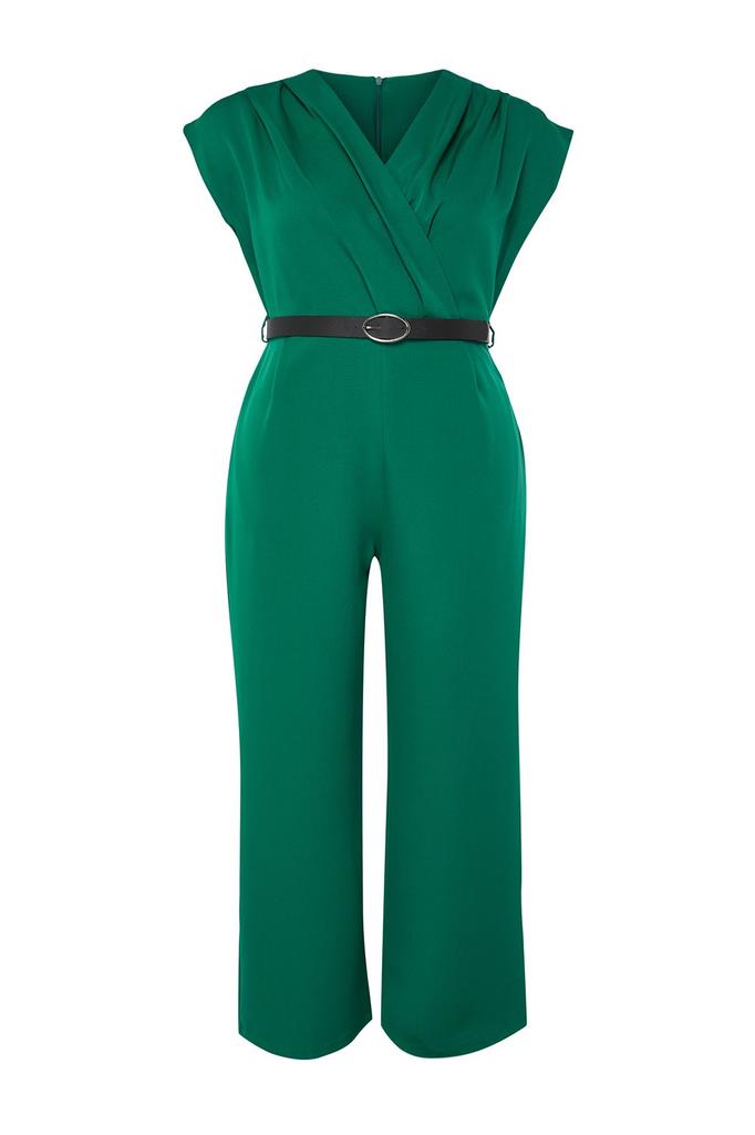 Women's Fashion Emerald Green Belted Double Breasted Collar Plus Size Woven Jumpsuit