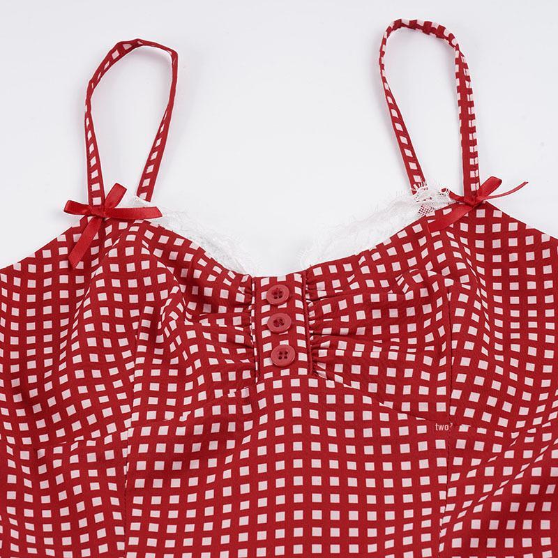 European & American Spicy Girl Lace Patchwork Camisole Dress with Plaid Color Block, Bow, and Ruffle Hem Short Skirt.