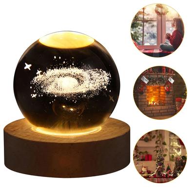 Kristallkugel-Nachtlicht, Kristallkugel-Lampe, 3D-gravierte Milchstraßensystem-Kristallkugel mit Holzsockel, USB-Aufladung, Geschenk für Kinder