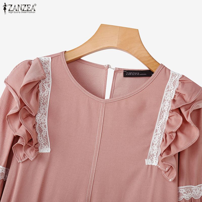 ZANZEA Bluză casual de damă cu gât rotund, mâneci lungi și inserții de dantelă