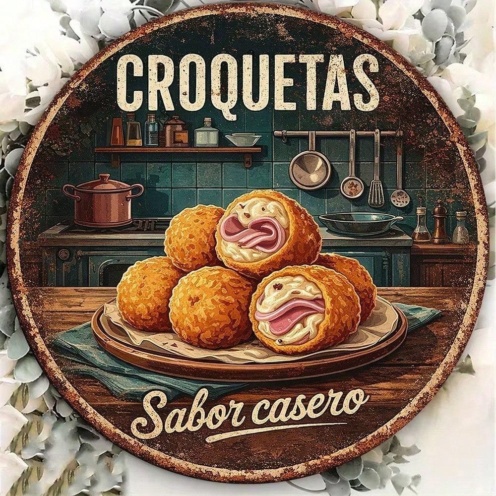 1pc Vintage Croquetas Tin Sign 8x8in Round Metal Plaque Spanish Cuisine Wall Art Kitchen Bar Decor