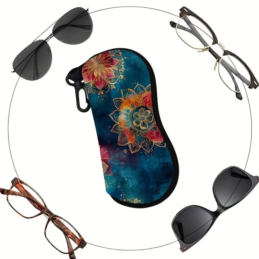 2D-Bohemian Gold Mandala Floral Print Sunglasses Case, Zipper Eyeglasses Protective Holder, Portable Travel Eyewear Pouch for Women Accessories