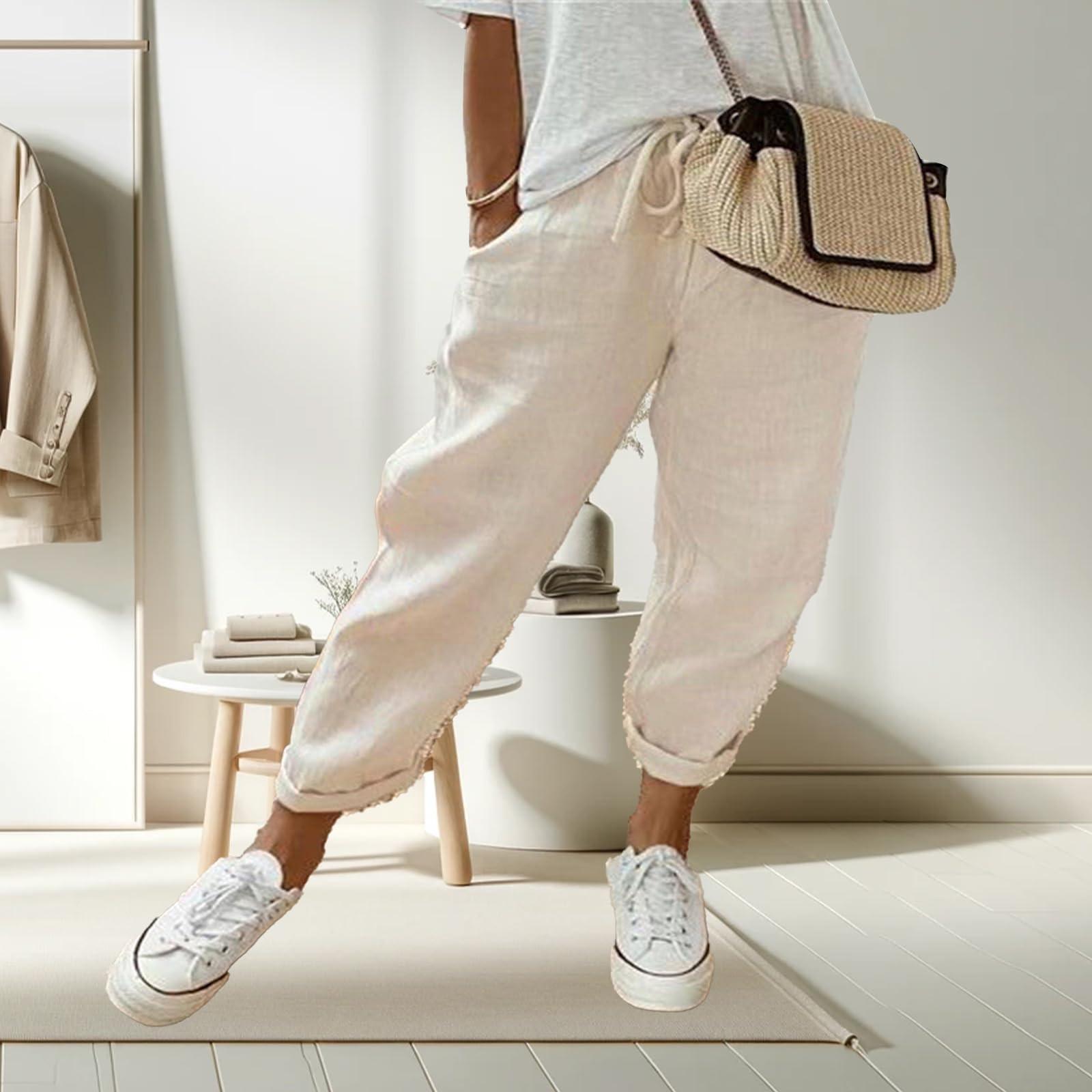 

Женские модные однотонные свободные повседневные брюки из хлопка и льна с карманами XL бежевый