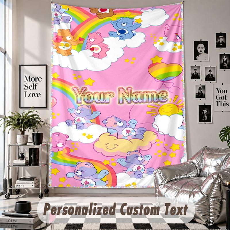Wall Hanging Tapestry With Custom Name & Text, Care Bears Decorative Tapestry For Bedroom