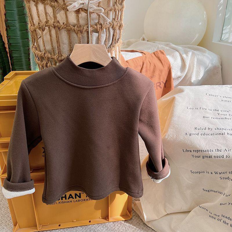 Children's Velvet Semi-turtleneck Bottoming Sweater Autumn and Winter Korean Baby Integrated Velvet Inner Top Tide