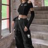 2KWEIRD Patchwork Black T-shirts Gothic Off Shoulder Sleeve Y2k Crop Tops Ruffles Hem Hip Hop Techwear Women Tees Fashion