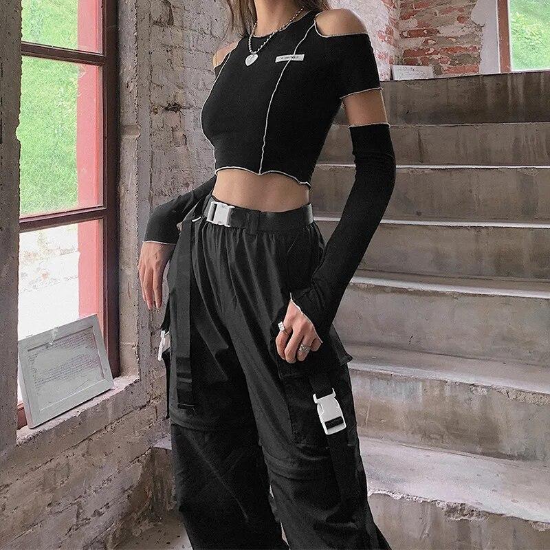 2KWEIRD Patchwork Black T-shirts Gothic Off Shoulder Sleeve Y2k Crop Tops Ruffles Hem Hip Hop Techwear Women Tees Fashion