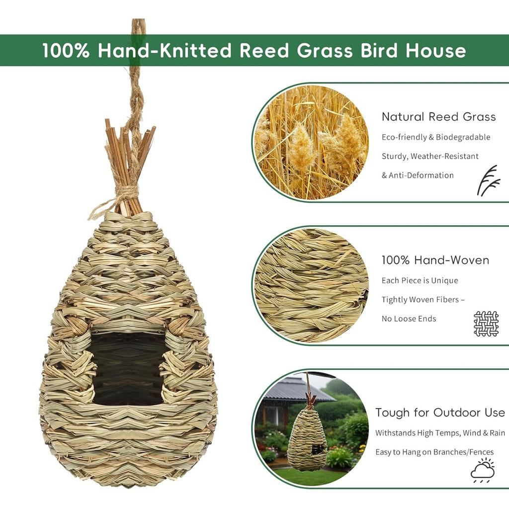 Hummingbird Houses for Outside Hanging, Natural Grass Hanging Bird Hut, Hand Woven Bird Nest, Large Wren Finch Bird House for Garden Window Outdoor