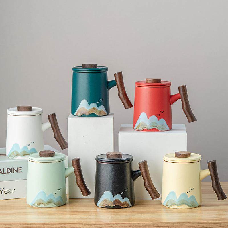 Ceramic Tea Water Separation Tea Cup Office Cup Mug High Value Cup Wooden Handle Water Cup Tea Cup Gift