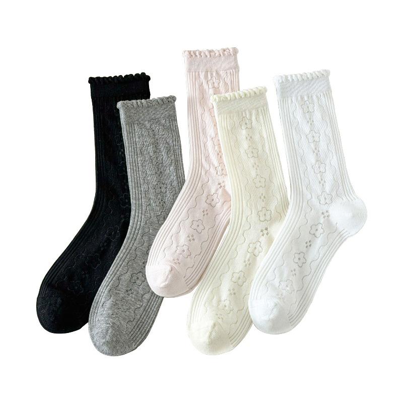 Spring/Summer Lightweight Children's Lace-Free Breathable Ear-Notched Padded Stockings with Bubble Edges and Lace Mid-Calf Length Socks