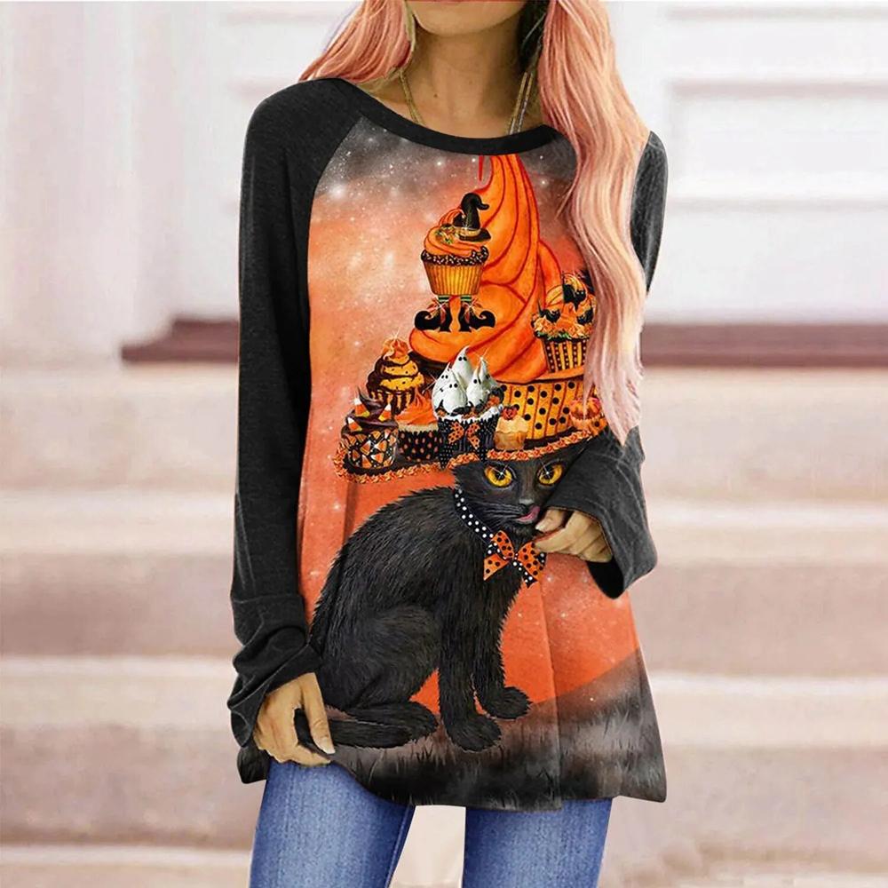 thumbnail image 2 of Women's Halloween Pumpkin Cat Shirt - 3/4 Sleeve Pullover, Cute Fall Graphic Top, Sizes S-5XL 2 of 10
