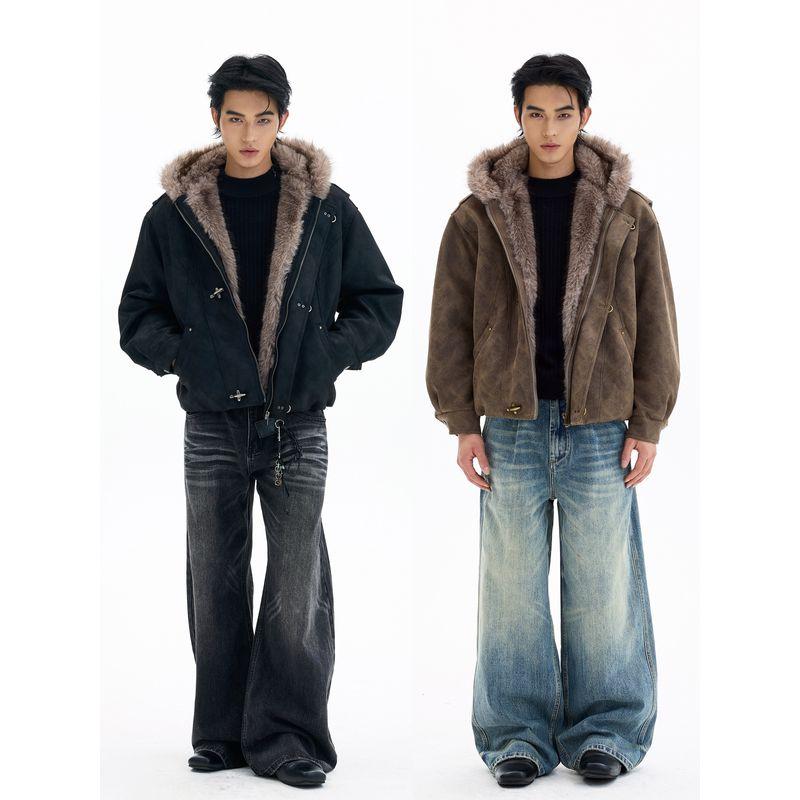 Kisko Winter High-End Style Mountain Carving Airplane Buckle Thick Leather Jacket Cotton Coat for Men and Women, Cool and Loose Hooded Jacket