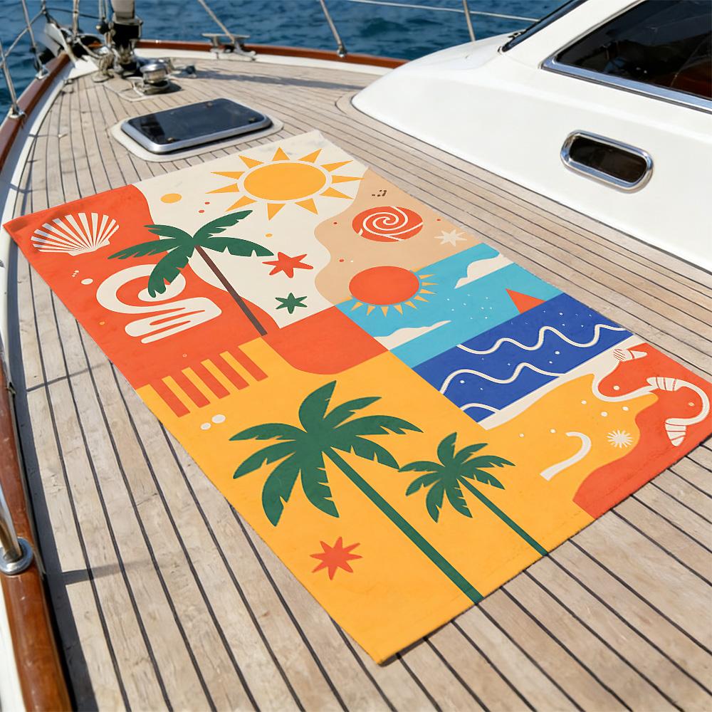 Geometric Tropical Beach Towel – Oversized Quick Dry Sand Free with Palm Tree & Sun Print for Summer