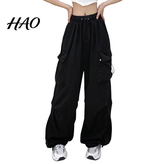 Women Cargo Pants Hip Hop Baggy Solid Color Multi Pockets Lady Trousers Elastic Waist Match Top Loose Breathable Clothes