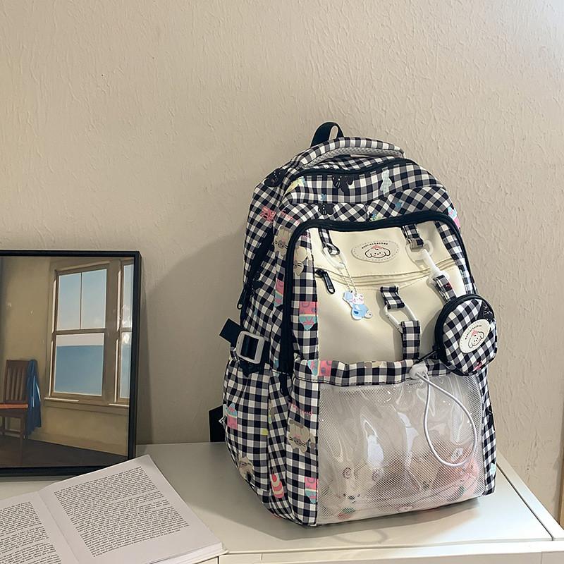 Large Capacity Backpack With Grid And Cartoon Dog Cat Print Design Daily For