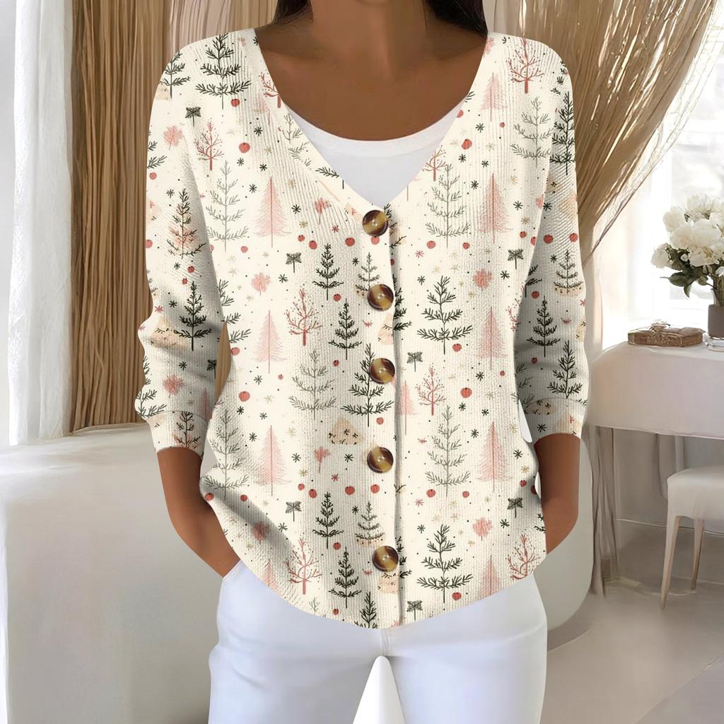 Cardigan con stampa a maniche lunghe con pupazzo di neve e fiocco di neve di Natale da donna