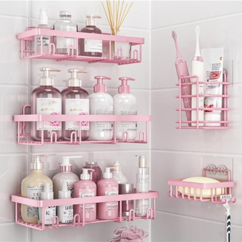 5-Pack Adhesive Shower Caddy Organizer – Rust-Resistant Pink Bathroom Shelf Set for Shampoo & Toiletries, No-Drill Wall Storage
