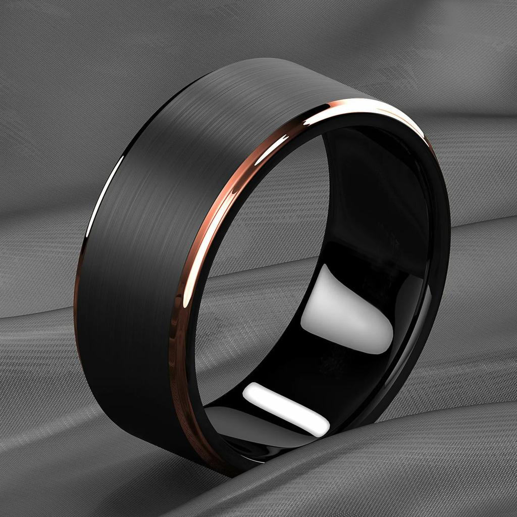 Fashion 8mm Stainless Steel Rings for Men Rose Gold Color Step Edge Black Brushed Men Rings Wedding Party Jewelry Gifts