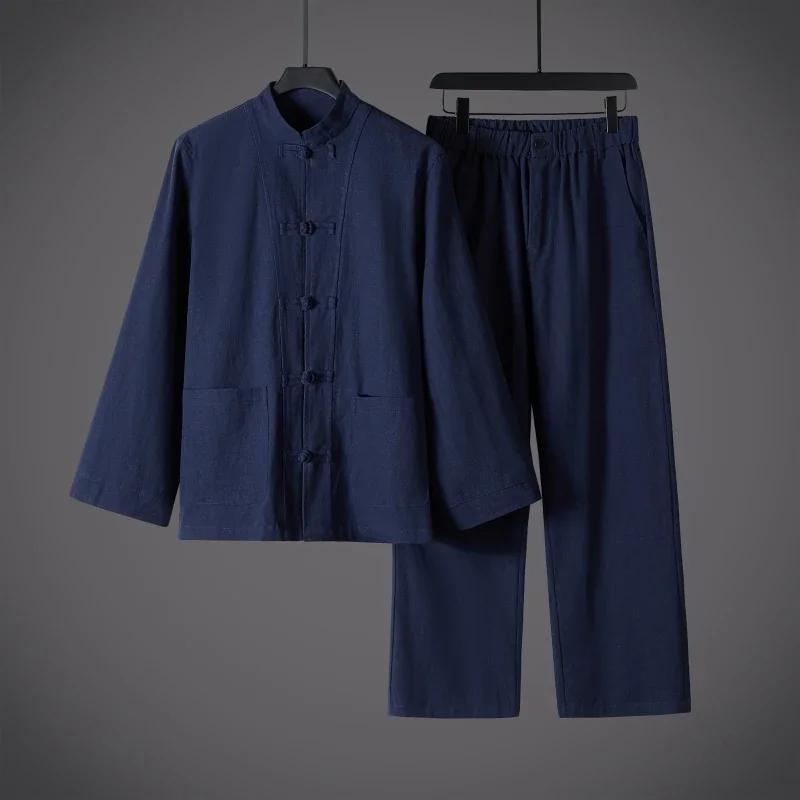 

Chinese Style Cotton Linen Men Two Piece Set Men Mandarin Collar Frog Button Tang Suits Loose Casual Breathable Autumn Outfit XL Темно-синій