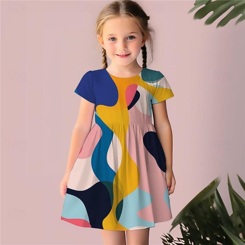Girls' 3D Geometric Dress Pink Short Sleeve 3D Print Summer Daily Holiday Casual Beautiful Kids 3-12 Years Casual Dress