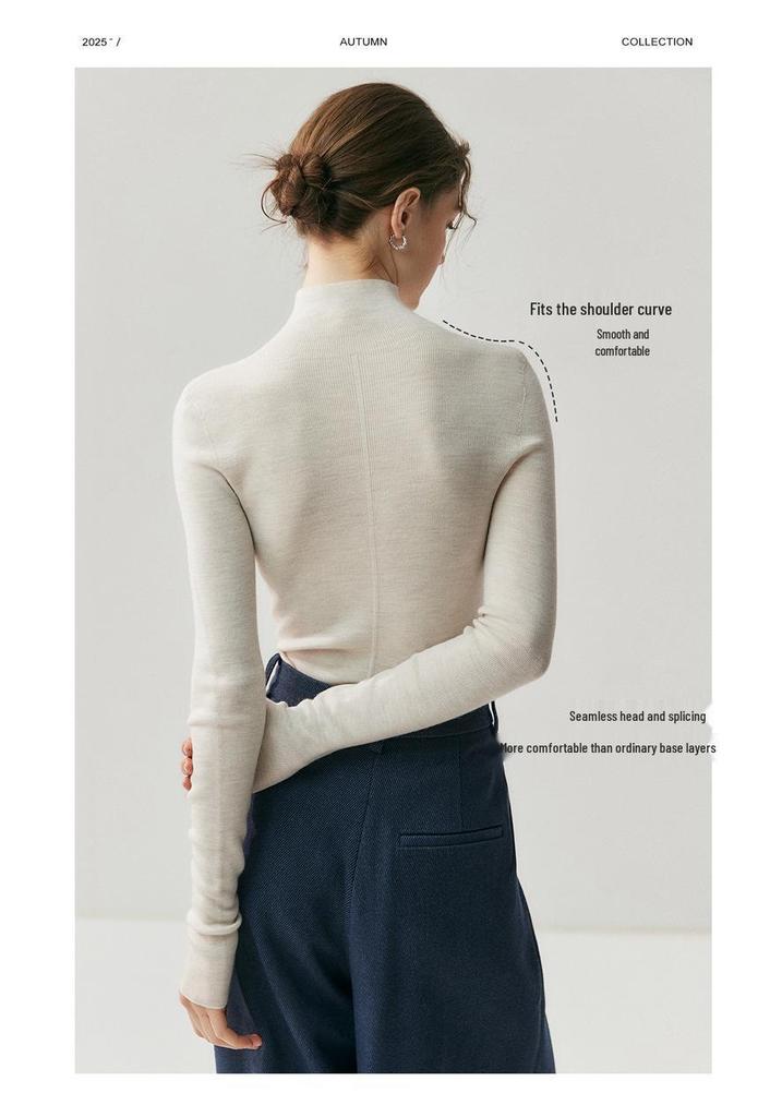 Women's High Neck Slim Fit Ribbed Knit Top - Imitation Wool, Figure-Flattering, Versatile, Classic