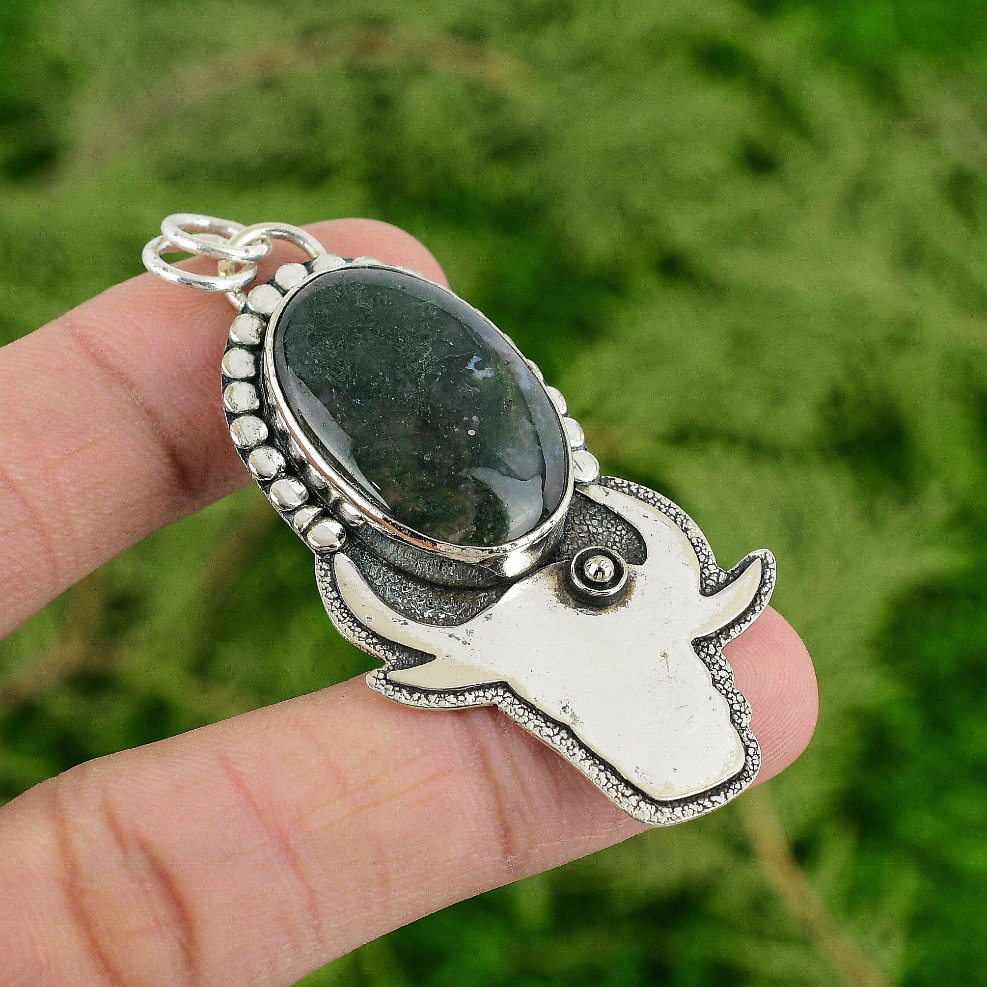 

Daughters Day Sale Solar Moss Agate Gemstone Anniversary Pendant Sterling Silver