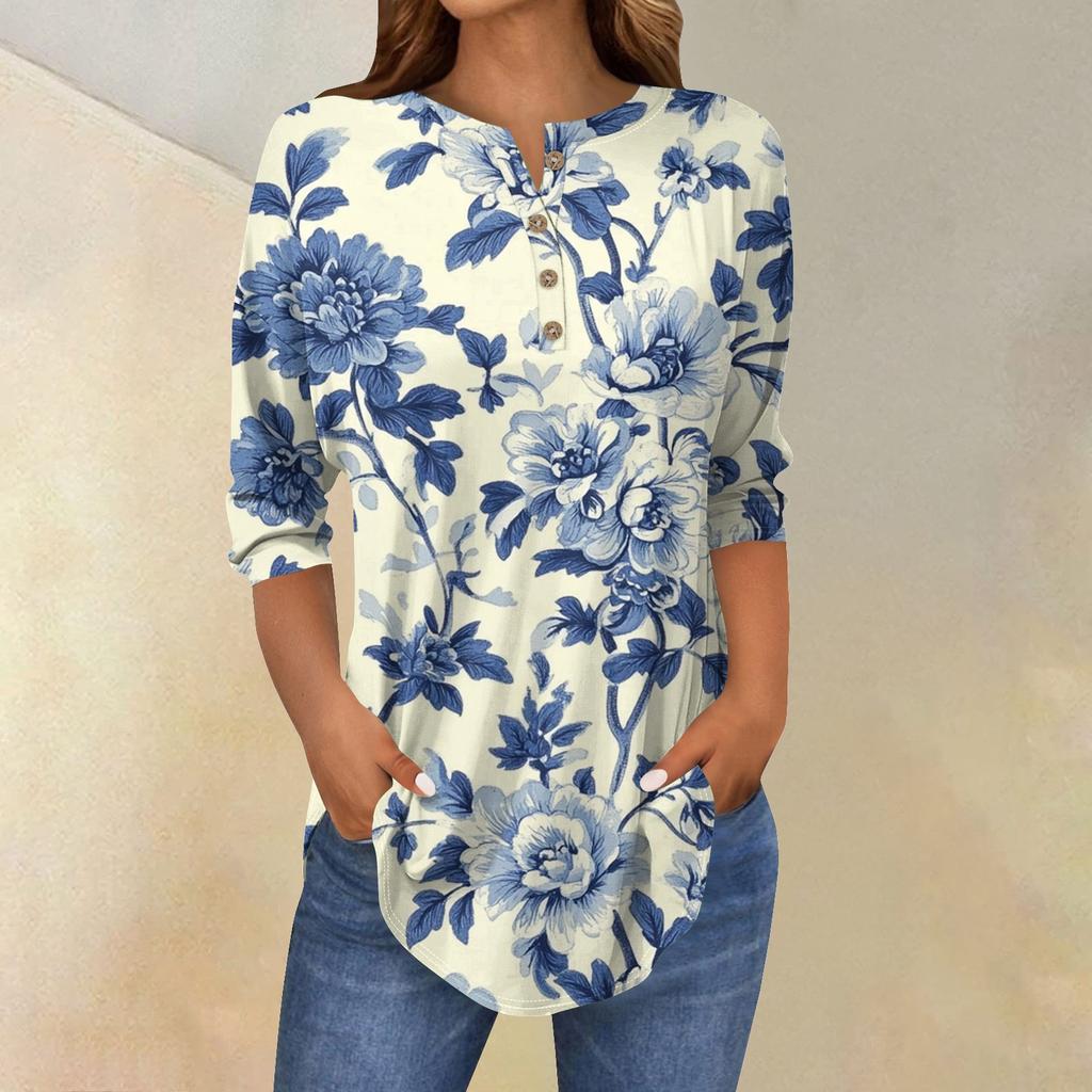 Damenmode Lässig Dreiviertelärmel Blumendruck Rundhals T-Shirt Top