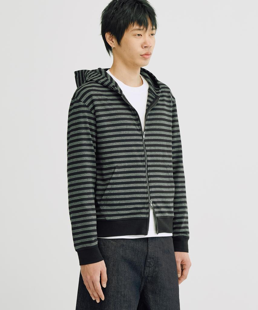 Takeasy [Crop T-Shirt Added] Striped Crop Zip-Up Hoodie (Charcoal)