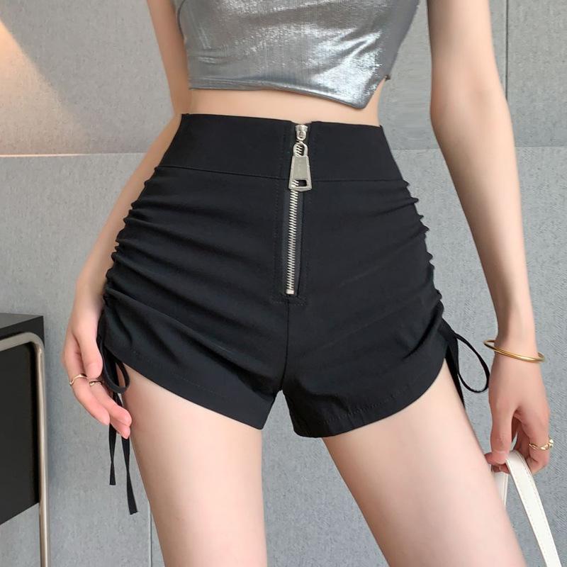 

Black High-Waist Zipper Shorts - Sexy, Slim Fit, Summer Style with Drawstring and Straight Leg Design. XL [Recommended 119-130 lbs]