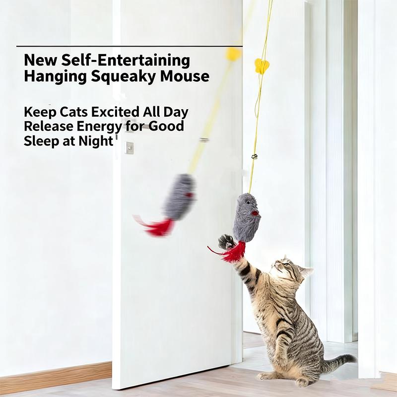 Self-entertaining cat toy simulated hanging mouse tease stick with feathers small cat mouse toy cat supplies