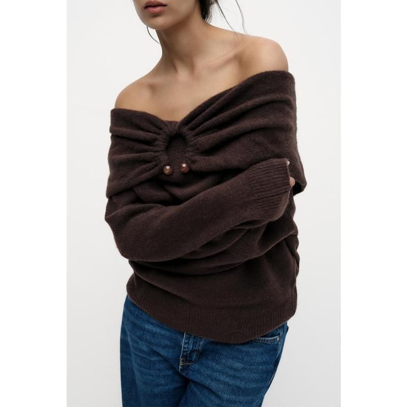 Fall and Winter New Women's Clothing French Style Temperament Curling Neckline Straight Collar Long Sleeves Shoulder-Baring Sweater 3653116